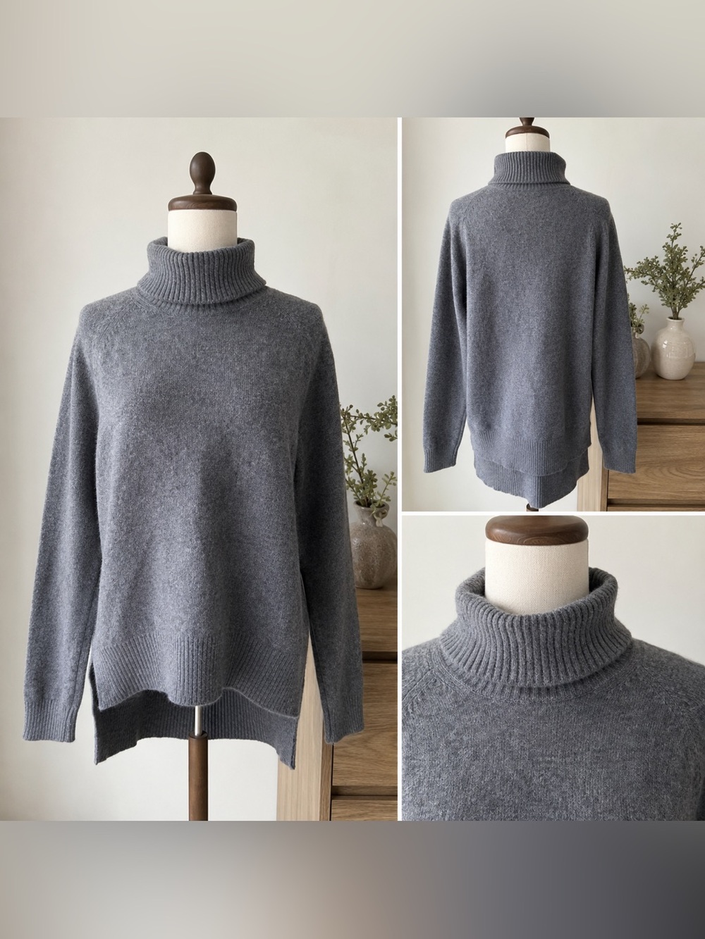 Magaschoni 100% Cashmere Gray Turtleneck Sweater M Oversized High Low Hem